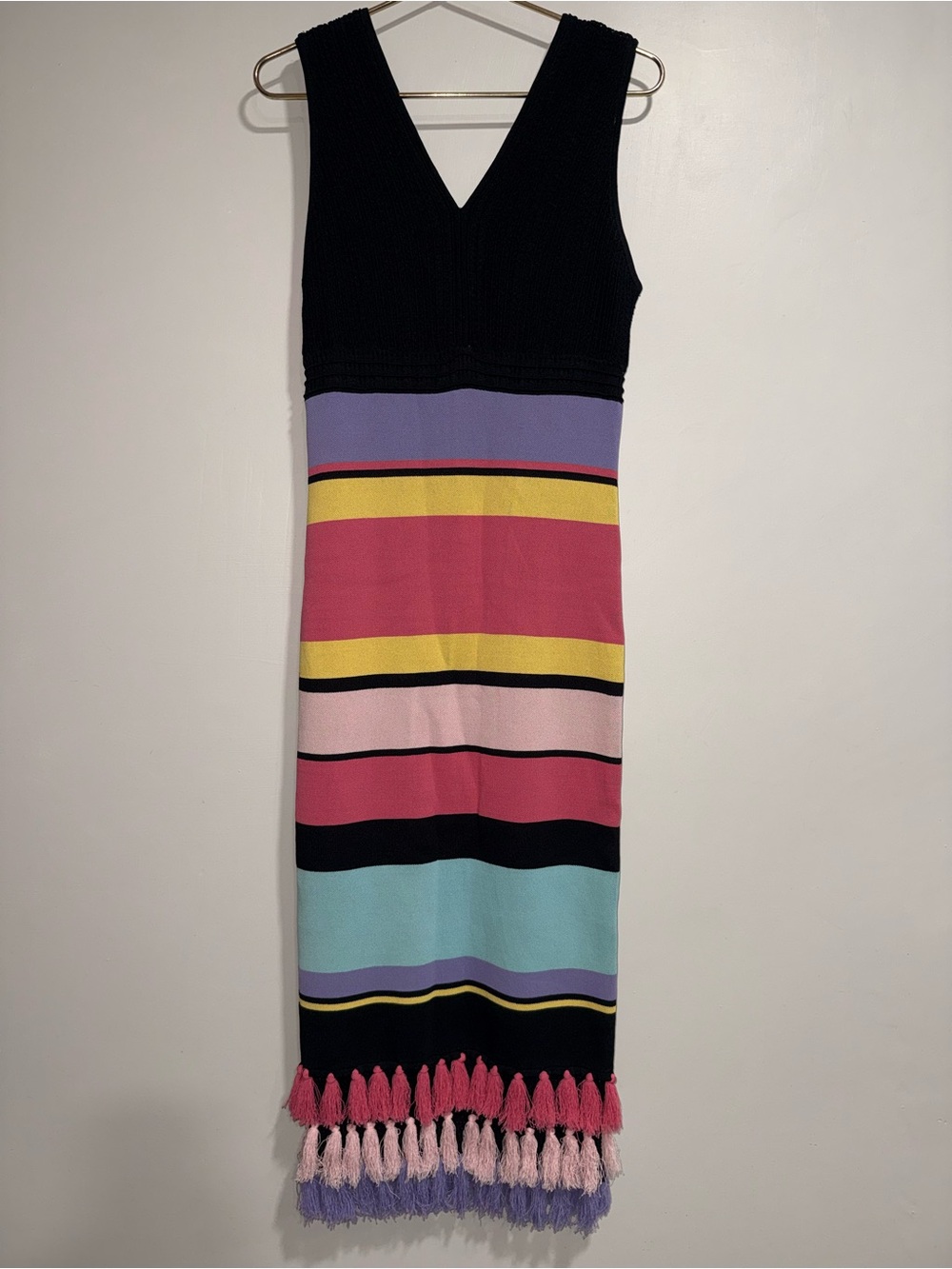 New York & Company Black V-Neck Knit Maxi with Multicolor Stripes and Tassel Hem
